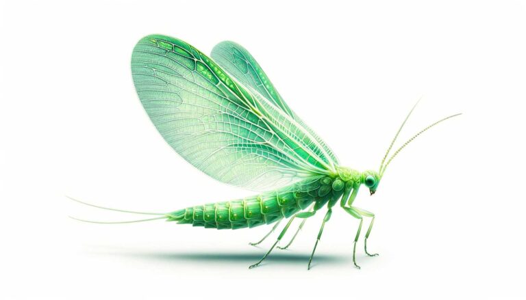A green lacewing on a white background