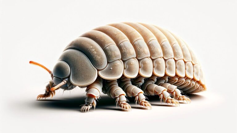 A pill bug on a white background
