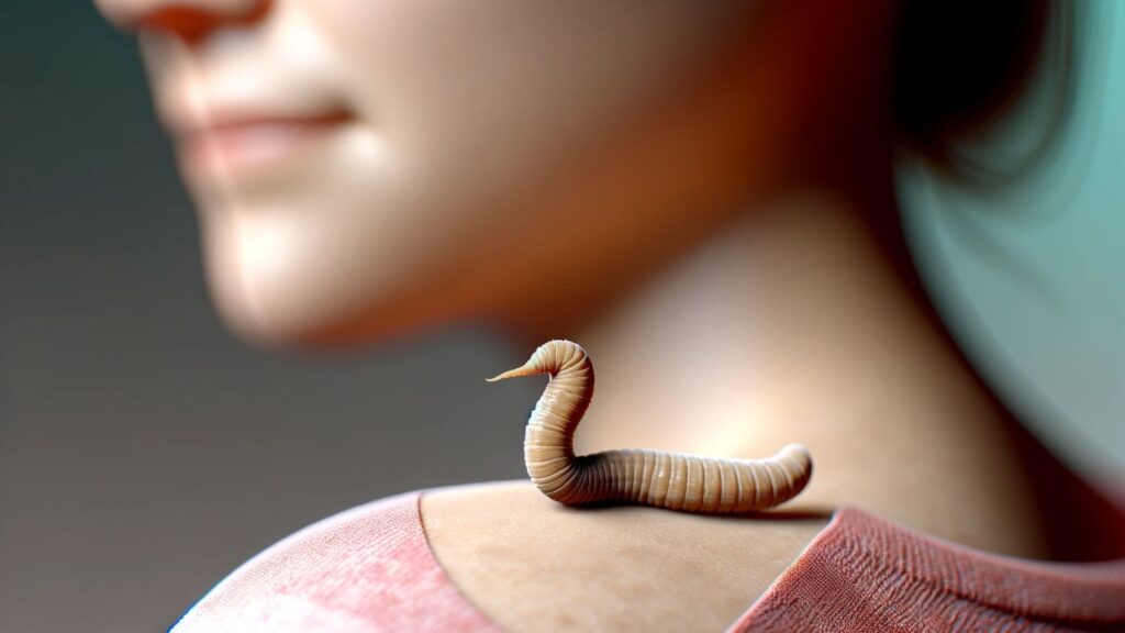 A 3D rendition of a hookworm on a woman shoulder blade