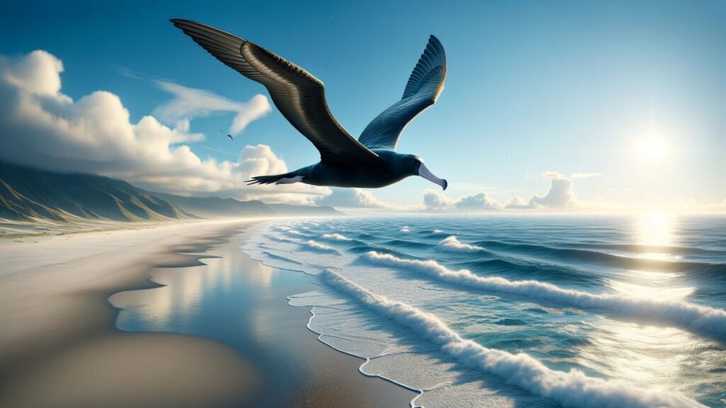 A black albatross flying above the beach