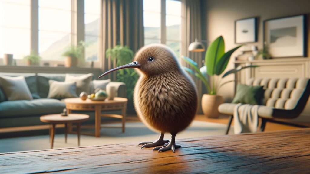 A kiwi bird in the house.