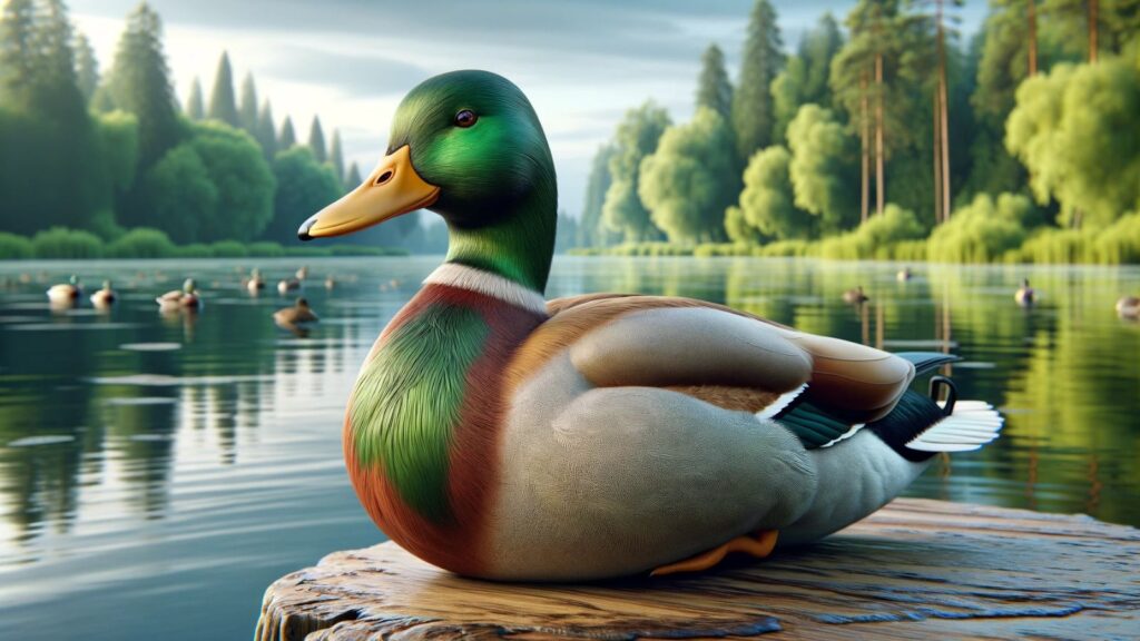 A large mallard duck at the lake.