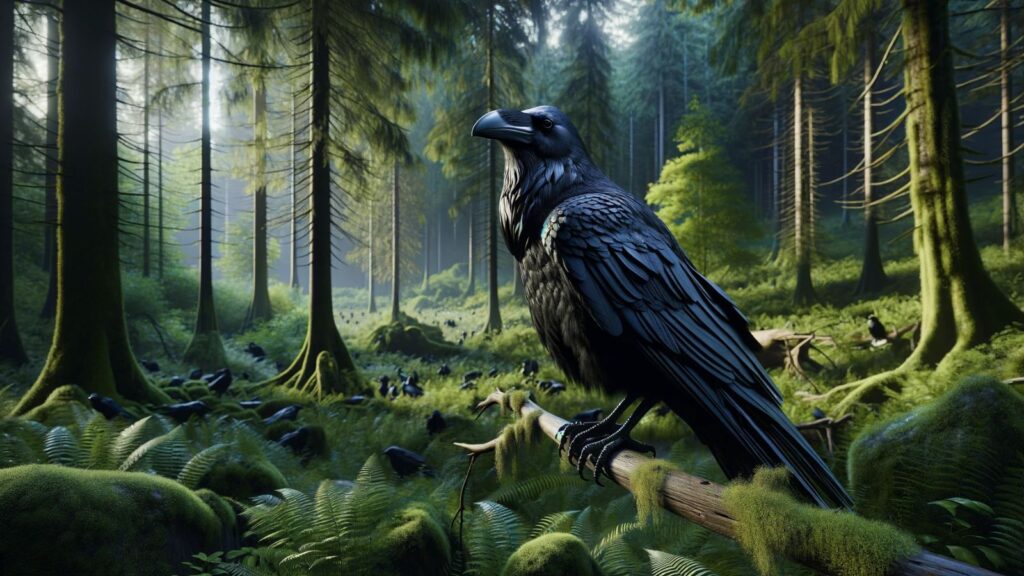 A large raven in the forest