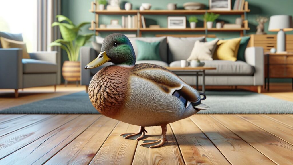 A mallard duck in the house.