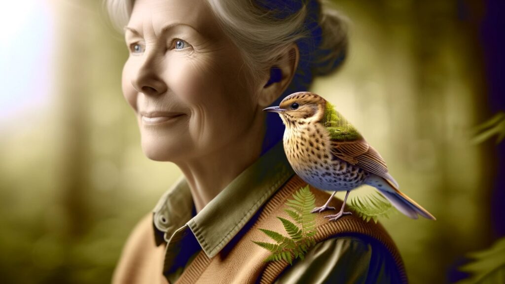 A nightingale on a 60s old woman's shoulder blade