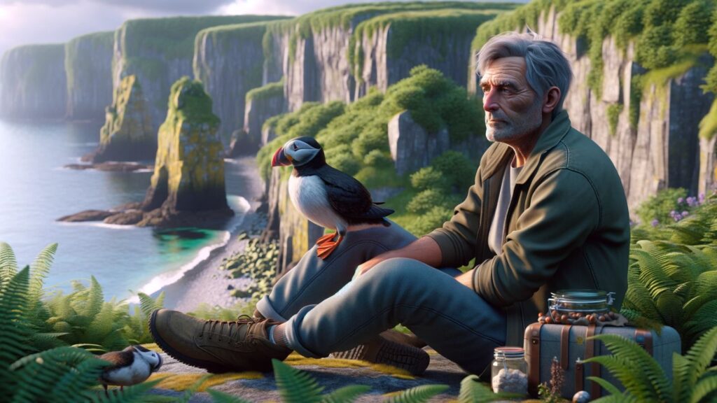 A puffin sitting on a 55-year-old man's leg
