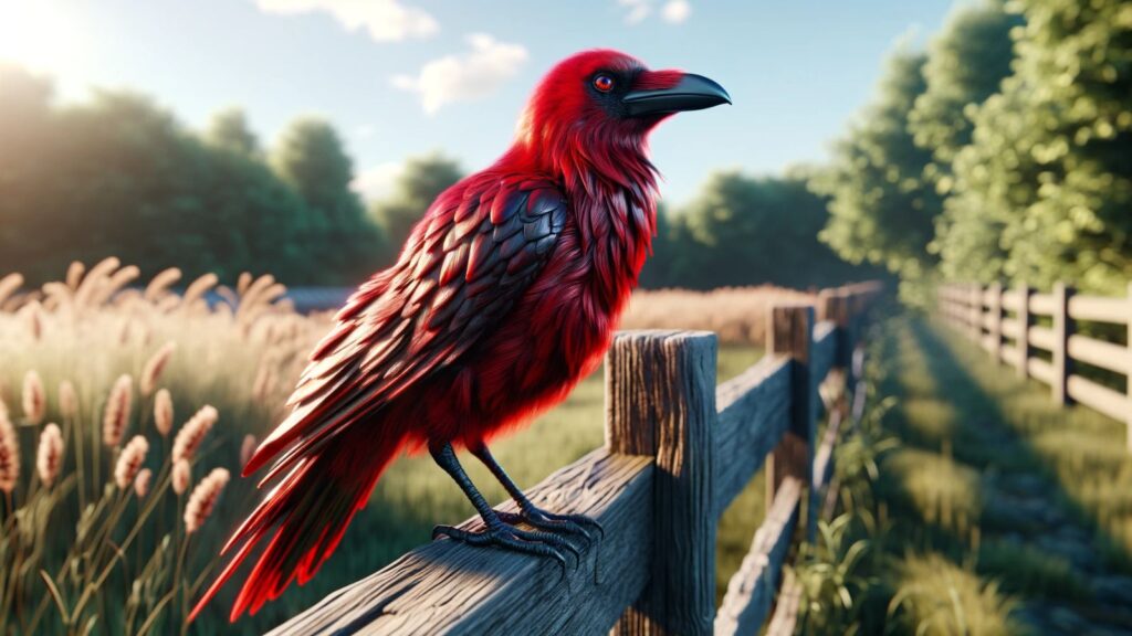 A red raven on wooden fence