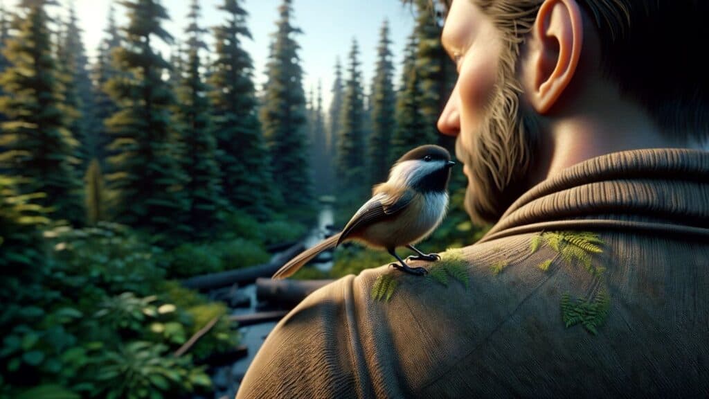 A small chickadee on a man's shoulder