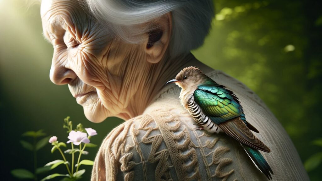 A small cuckoo on an old lady's shoulder blade