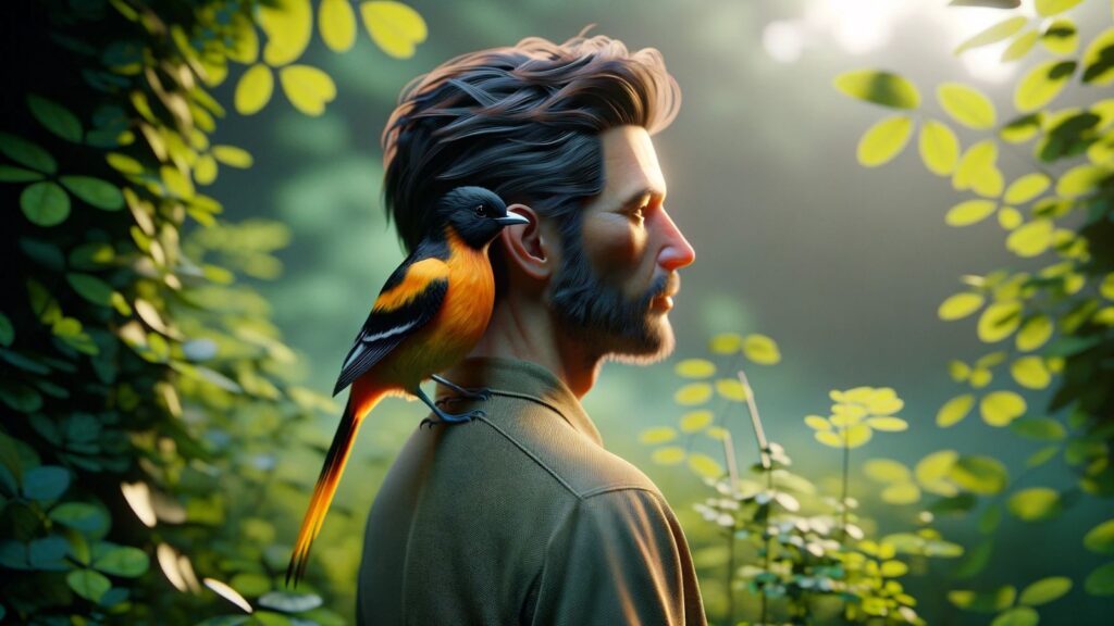 A small oriole on a man's shoulder