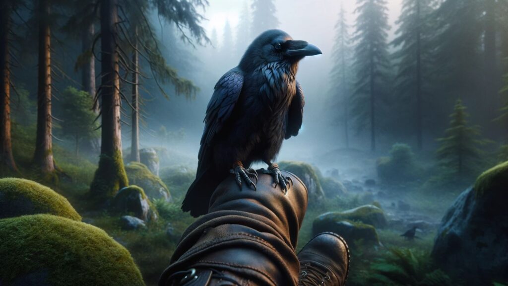 A small raven on a man leg