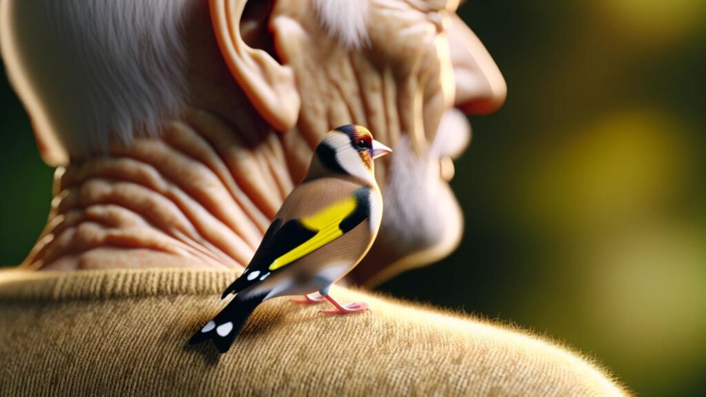 A tiny goldfinch on an old man's shoulder blade