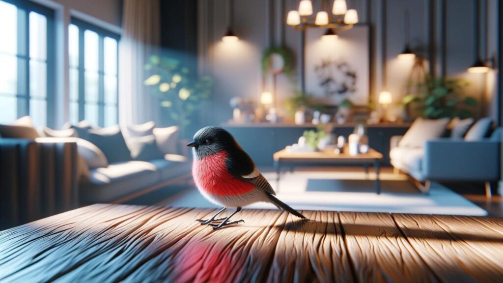 A black and red bird in the house