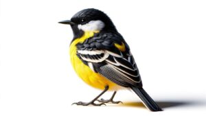 A black and yellow bird in a white background