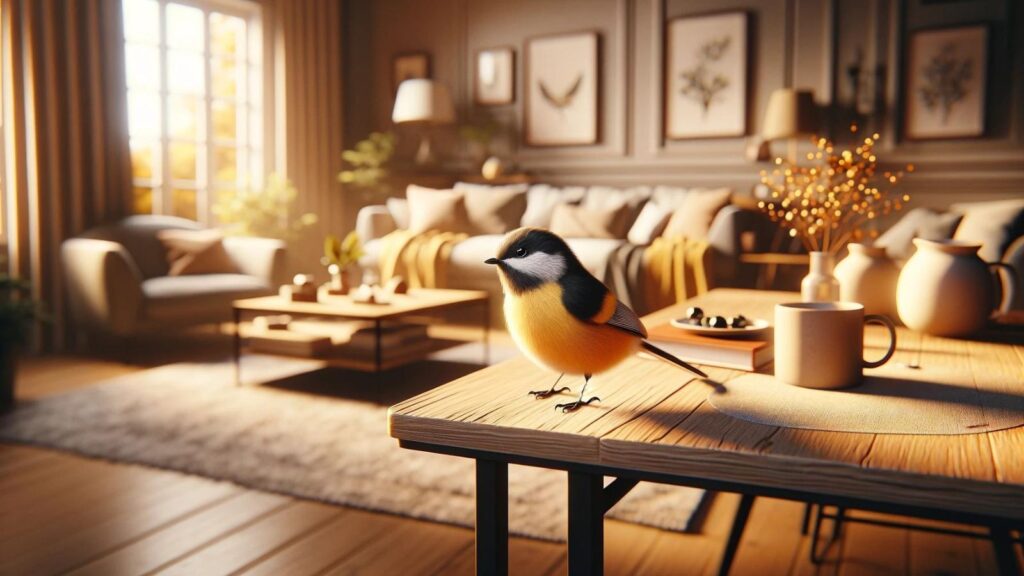 A black and yellow bird in the house