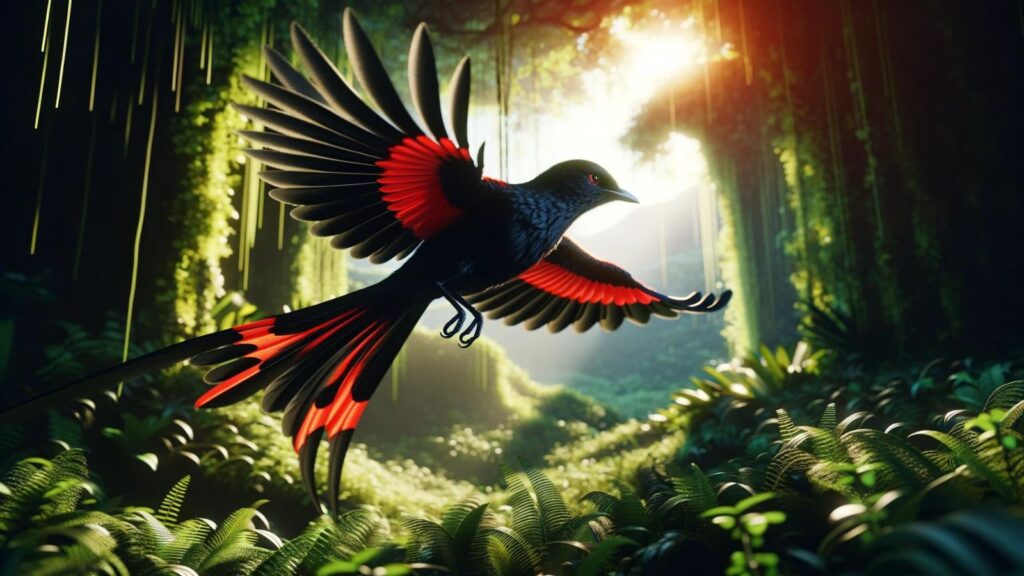 A flying black and red bird