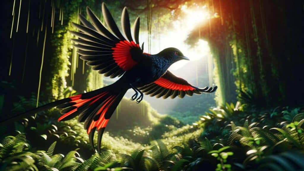 A flying black and red bird