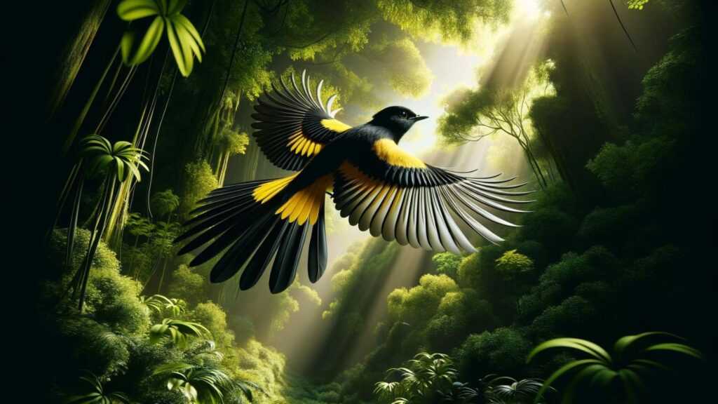 A flying black and yellow bird