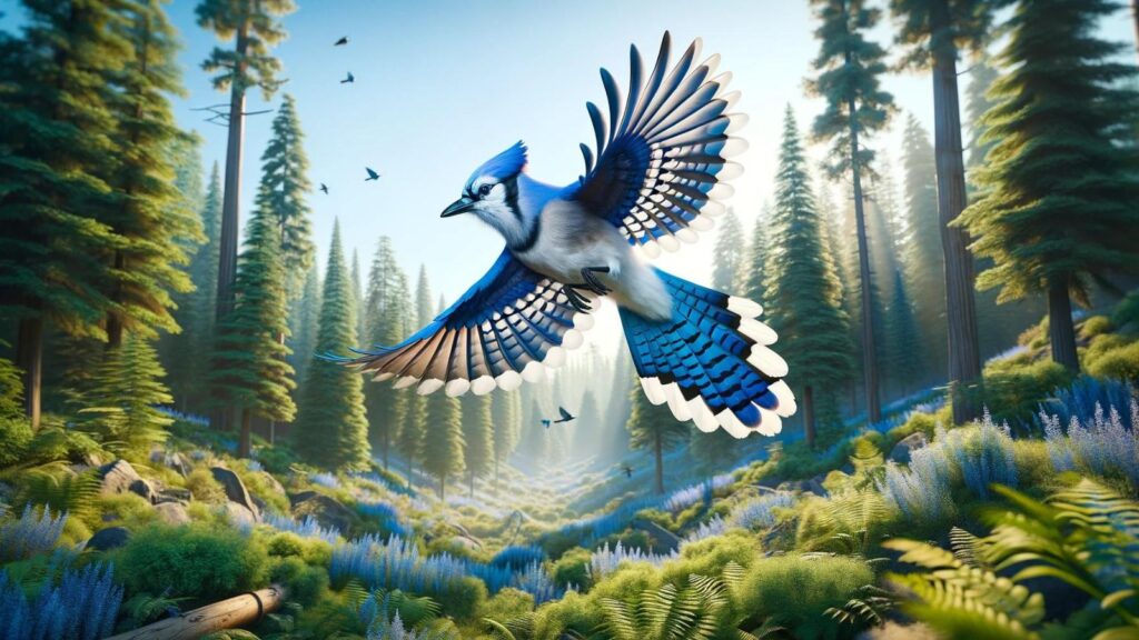 A flying blue jay