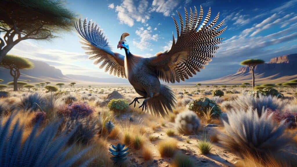 A flying guinea fowl