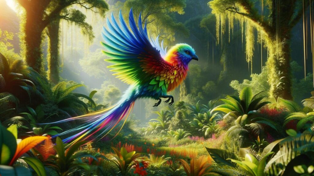 A flying rainbow bird