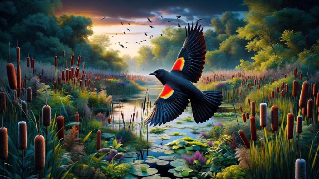 A flying red wing blackbird