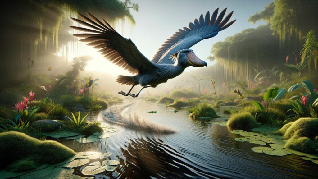 A flying shoebill