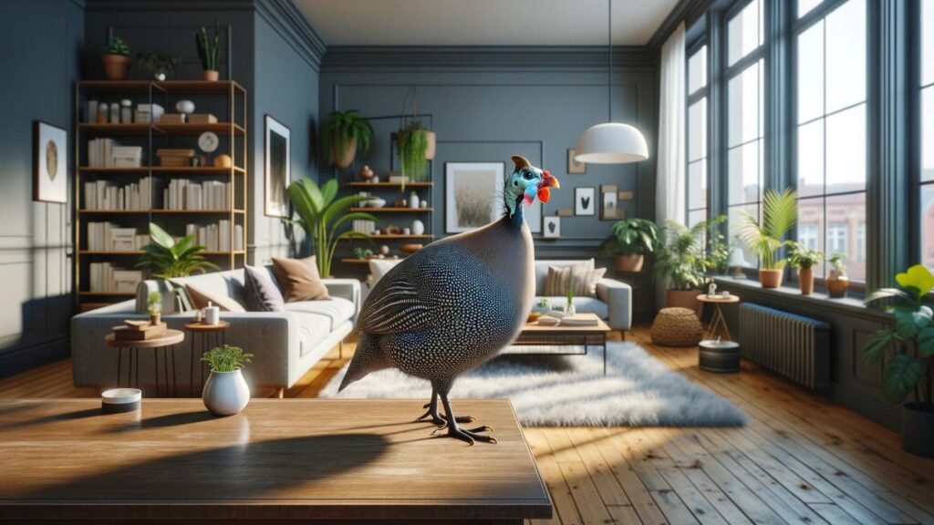 A guinea fowl in the house