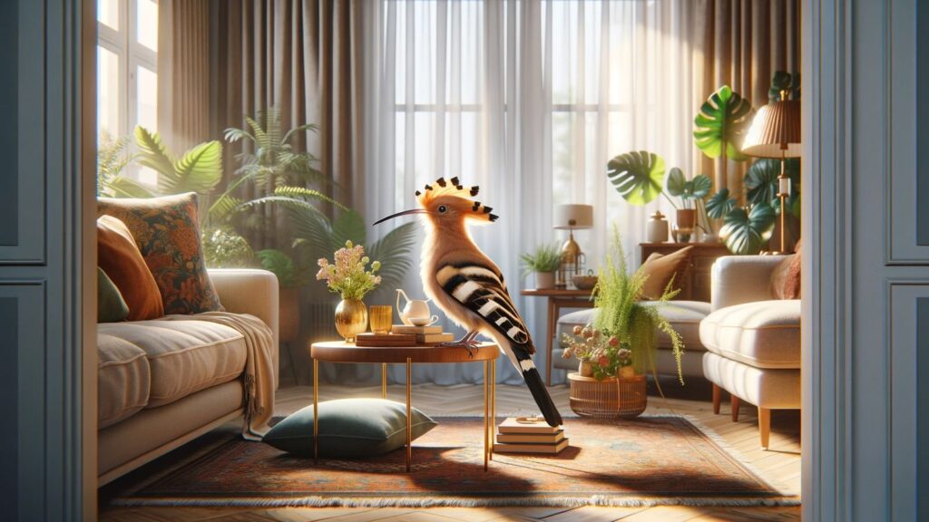 A hoopoe in a living room