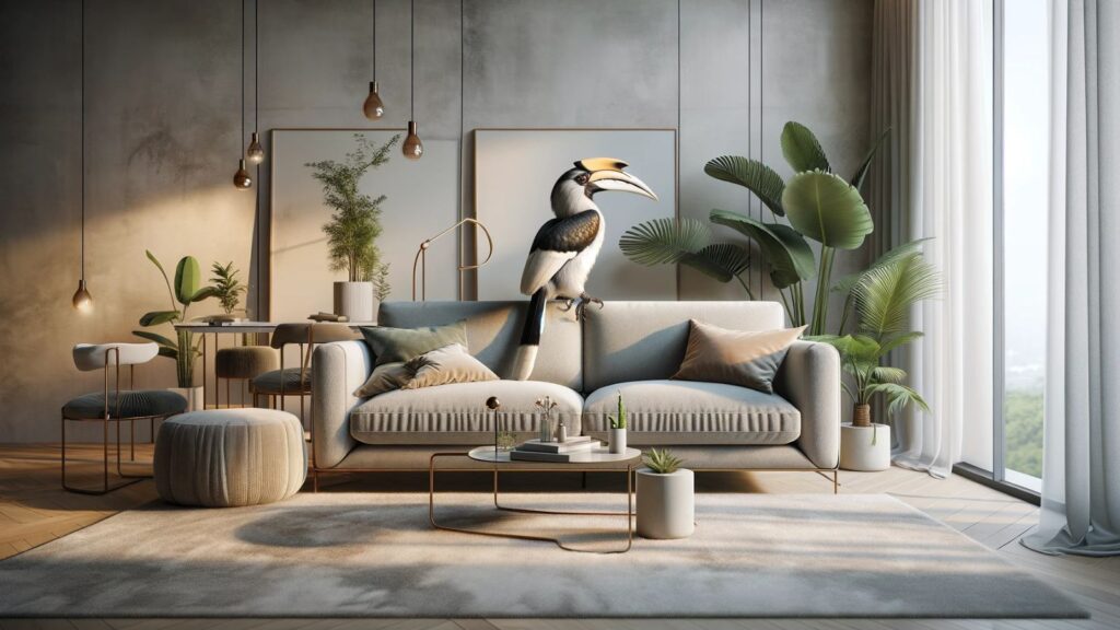 A hornbill in a living room