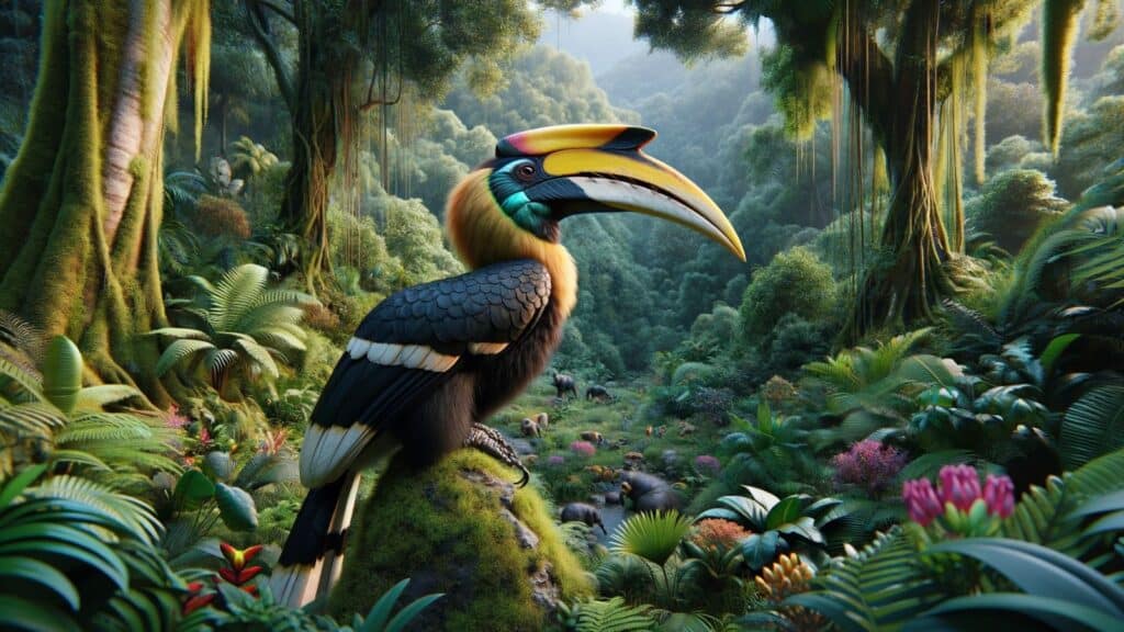 A large hornbill in a forest