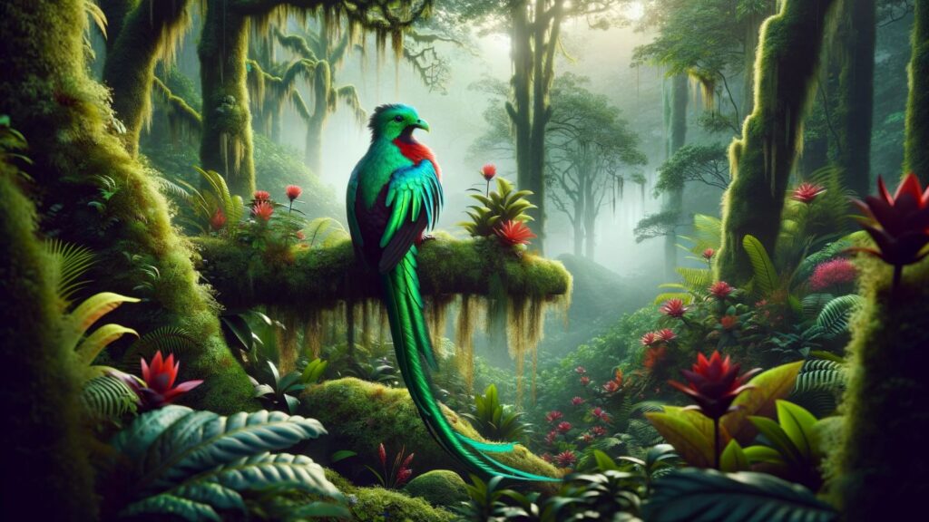 A large quetzal bird in a forest