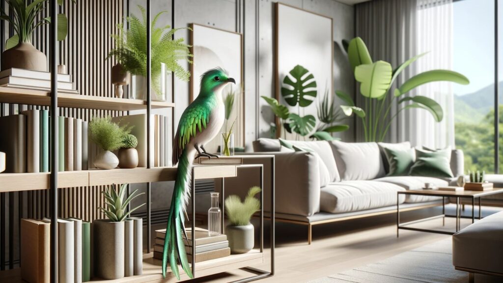 A quetzal bird in a living room