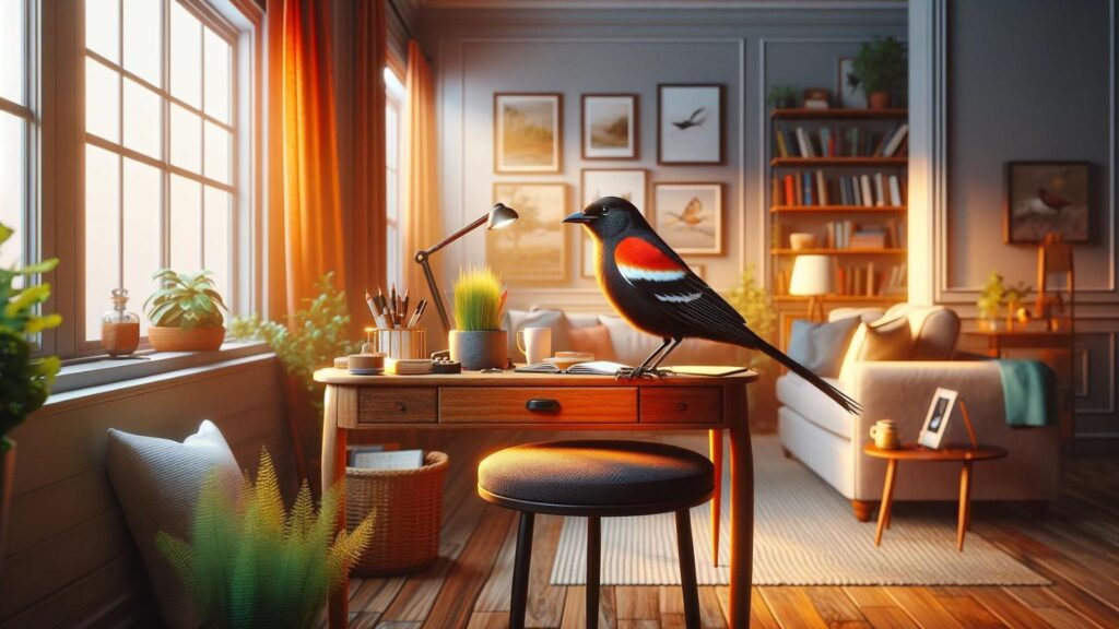 A red wing blackbird in the house