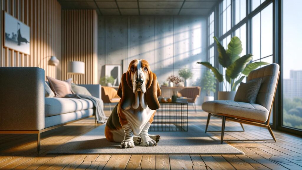 A basset hound in the house