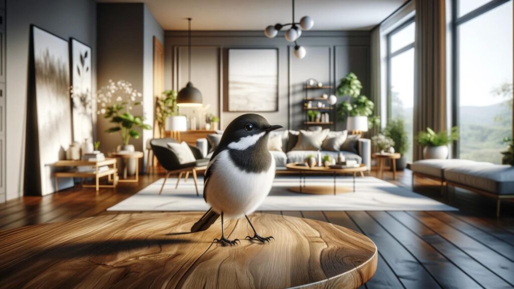 A black and white bird in the house