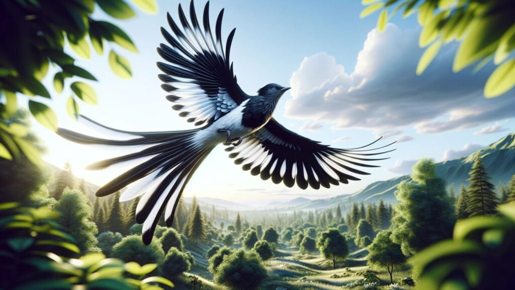 A flying black and white bird