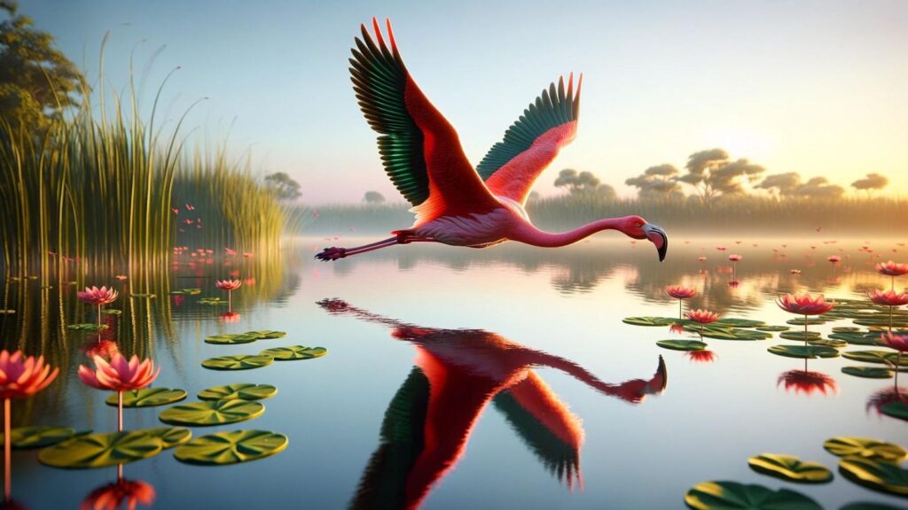 A flying flamingo