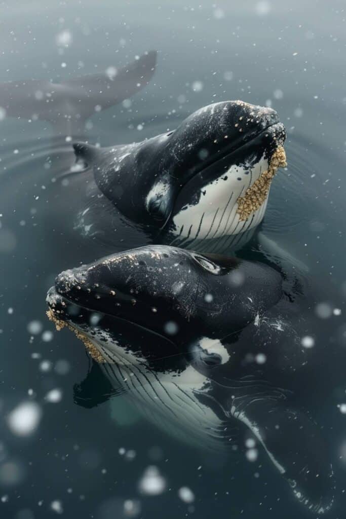 Baby black whale with its mother