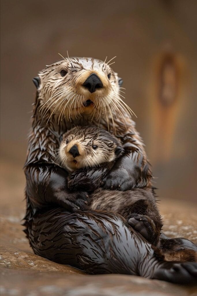 Baby sea otter with its mother