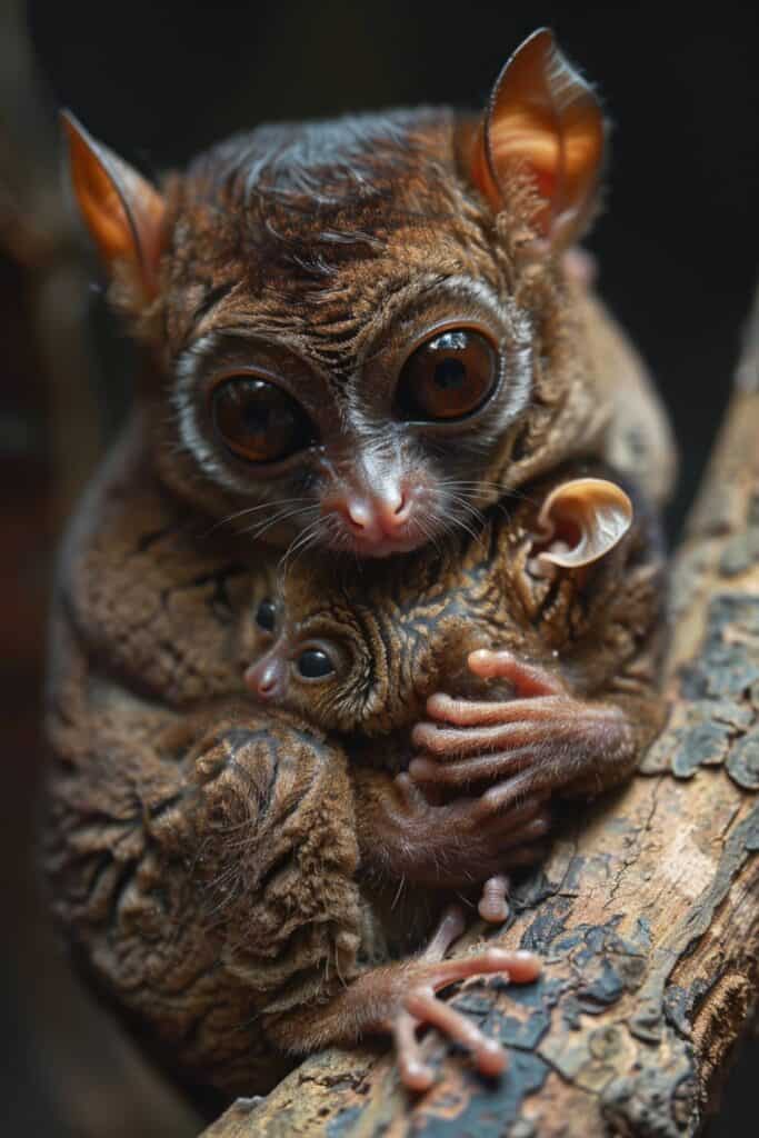 Baby tarsier with its mother