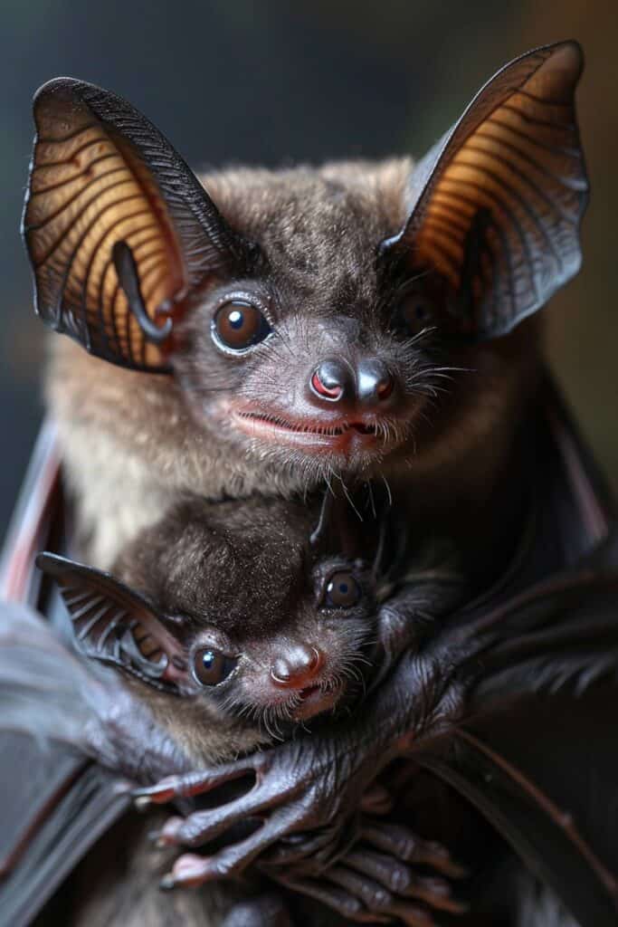 Baby vampire bat with its mother