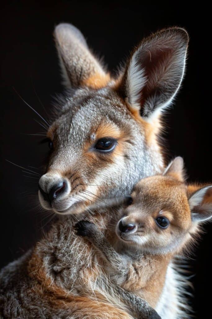 Baby wallaby with its mother