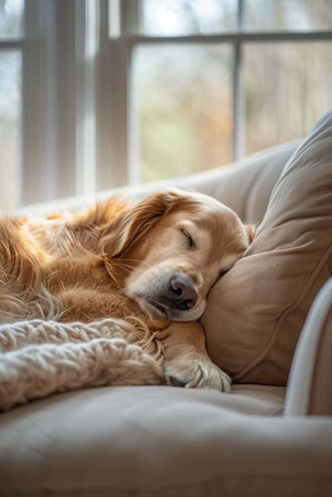 A golden retriever in the house