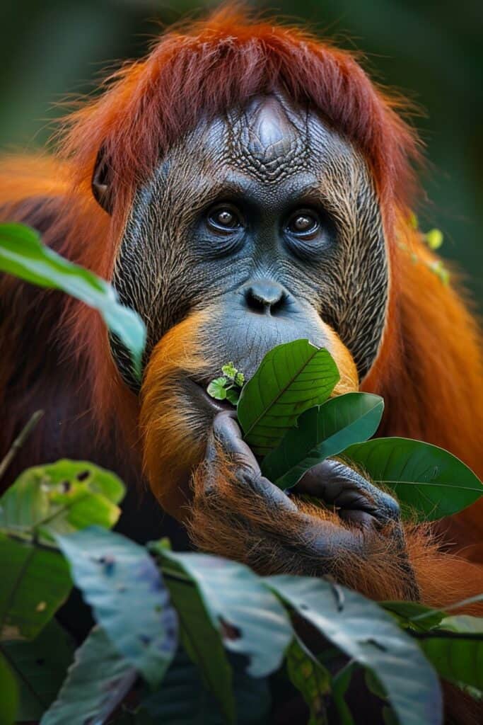 An orange orangutan eating